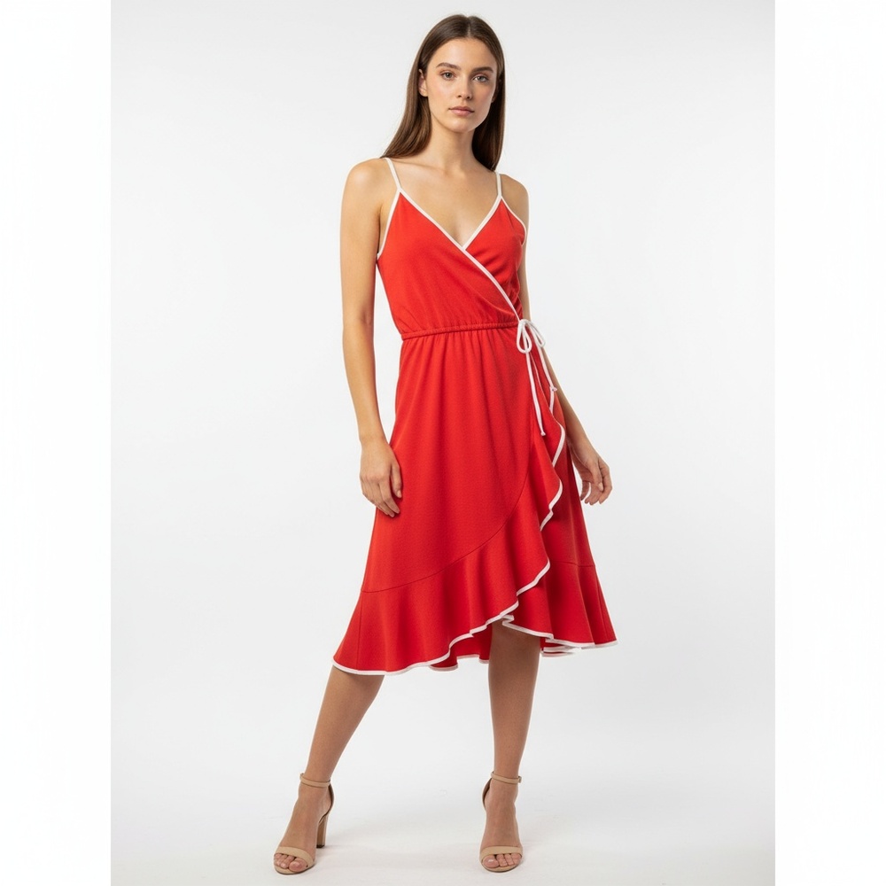 Vintage Womens Spaghetti Strap Dress Red White Trim Elastic Waist Size M
